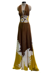 Phenomenal Spring 2005 Original Valentino Runway Look 56 Brown Yellow Floral Print Halter Dress w Sequin Waist Band