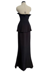 Minimalist 2010s Fendi by Karl Lagerfeld Black Strapless Long Silk Dress w Peplum Top