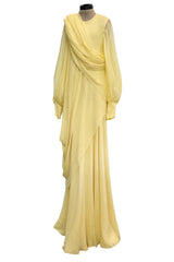 Exceptional 1970s George Stavropoulos Pale Yellow Bias Cut Silk Chiffon Caftan Dress w Attached Panel