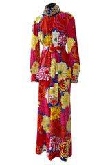 Fabulous 1970s Hanae Mori Bright Floral Print Jersey Pant & Top Set w Beading