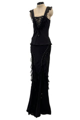 Spectacular Spring 2003 Christian Dior by John Galliano Bias Cut Black Silk Chiffon Lace Up Skirt & Top Set