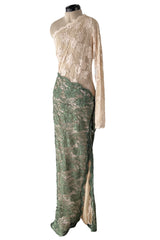Dreamiest 1970s Geoffrey Beene One Shoulder Soft Blush Pink & Moss Green Corded Lace Dress