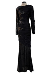 Amazing 1970s Loris Azzaro Black Sequin & Jersey Inset Dress w Low V Back