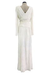 Stunning 1970s-80s Mary McFadden Couture White Pleated Dress w Attached Braided Belt