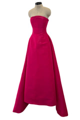 Gorgeous 1980s Oscar de la Renta Deep Fuchsia Pink Silk Strapless Silk Dress w Full Skirt