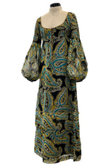 Exquisite  1960s Thea Porter Couture Rare Printed Silk Chiffon Dress w Gold Metal Thread & Sequin Detailing