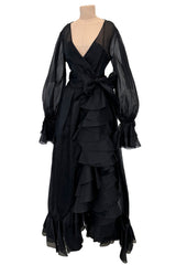 Prettiest 1970s Bill Blass Black Silk Organza Dress w Extensive Ruffle Detailing & Full Puff Sleeves