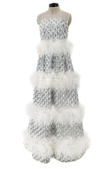 Fantastic Fall 2019 Huishan Zhang Silver Sequin on White Net & Organza Dress w Feather Detailing