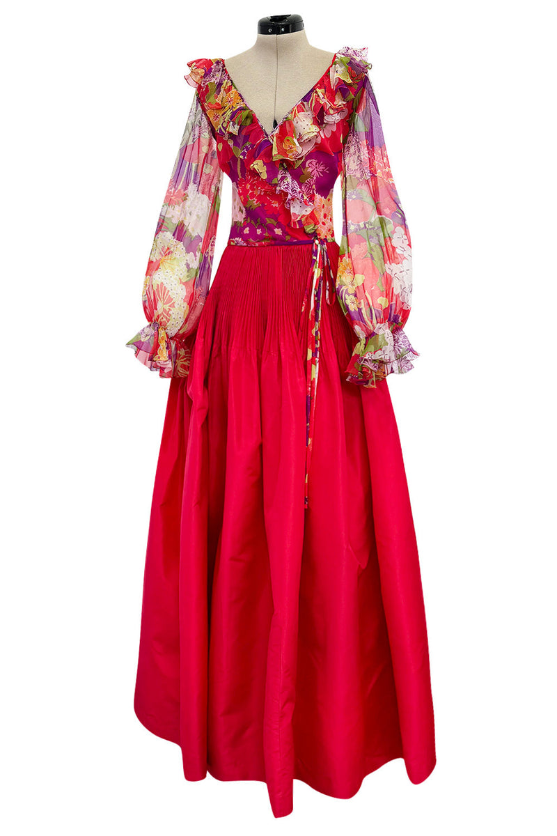 Incredible 1972 Yves Saint Laurent Red Floral Silk Chiffon & Red Silk Dress w Balloon Sleeves & Pleat Detailing