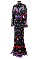 Rare Spring 1979 Chloe by Karl Lagerfeld Floral & Stripe Print Silk Dress w Matching Striped Belt