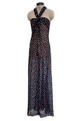 Sheer Fall 2024 Giorgio Armani Sample Deep Blue Net Dress w Embroidered Cotton Pink & Blue Flowers