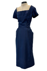 Prettiest 1950s Ceil Chapman Fitted Blue Dress w Hip Pockets & Pleated Bodice Detailing