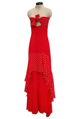 Prettiest Spring 2002 Valentino Runway Strapless Red Dot Silk Chiffon Dress w Ruffled Tiers