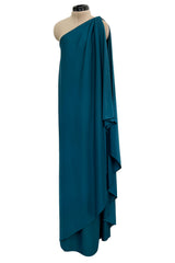 Prettiest 1978 Halston Dark Teal Jersey One Shoulder Draped Full Length Maxi Dress
