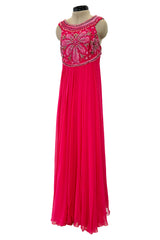 1960s Helen Rose Pink Silk Chiffon Dress w Elabroately Beaded & Sequins Bodice