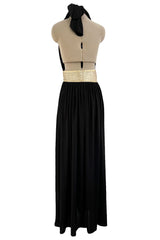 Documented 1981 Bill Tice Plunge Front Black & Gold Nylon Jersey Backless Halter Dress