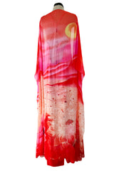 Incredible Spring 1978 Hanae Mori Brilliant Pink & Coral Sunset & Floral Caftan Dress & Cape Overlay
