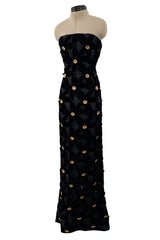 Spectacular 1980s Hubert de Givenchy Haute Couture Velvet Floral Cut Out Dress w Gold Metal Flowers