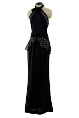 Phenomenal 1997 Christian Lacroix Black Silk Halter Dress w Rhinestone & Velvet Detailing