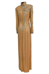 Incredible 1980s Bob Mackie Beaded, Sequin & Rhinestone Detailed Peach Silk Dress