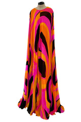 Spectacular c.1972 La Mendola Brilliant Pink, Orange, Tangerine & Black Silk Chiffon Caftan w Floor Length Cape Sleeves Sleeves