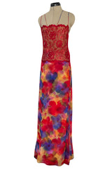 1970s Galanos Couture Silk Chiffon Pant & Over Dress Set w Metallic Lace Detailing