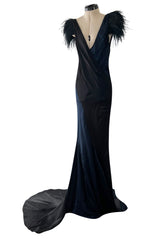 Resort 2008 Nina Ricci by Olivier Theyskens Runway Look 28 Bias Cut Blue & Black Dress w Feather Detailing & Train