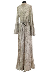 Exceptional 1970s George Stavropoulos Couture Bias Cut Grey Ribbon Silk Chiffon Dress w Sash