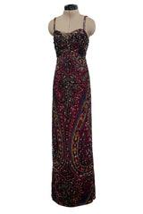 Exquisite 1965-66 James Galanos Couture Heavily Hand Beaded & Sequined Silk Print Dress