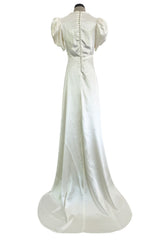 Beautiful 1930s Ivory Silky Rayon Wedding Gown w Train, Puffed Cap Sleeves & Romantic Rosette Detailing