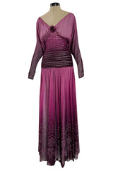Stunning 1970s Bill Gibb Deep Purple Fuchsia Silk Chiffon & Glitter Dress w Deep Front & Back Plunge