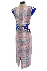 Incredible Spring 2018 Chanel by Karl Lagerfeld Runway Look 8 Pink & Blue Metallic Boucle Dress