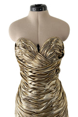 1989 Vicky Tiel Couture Metallic Gold Lame Gathered & Draped Strapless Dress
