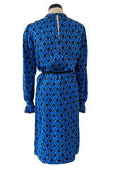 Divine Fall 1979 Yves Saint Laurent True Haute Couture Blue Silk Harlequin Print Dress w Ruffled Cuffs