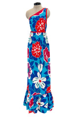 c.1977 Oscar de la Renta for Swirl One Shoulder Printed Bright Floral Cotton Dress w Ruffled Hem