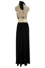 Documented 1981 Bill Tice Plunge Front Black & Gold Nylon Jersey Backless Halter Dress