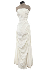 Prettiest 1950s Fred Perlberg Strapless Ivory Dress w Gathered Back Skirting & Net Cotton Muslin Underskirts