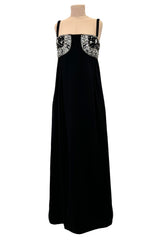 Sophisticated 1960s Donald Brooks Fine Black Wool Crepe Dress w Elaborate Rhinestone Detailing