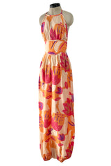 Amazing Late 1970s Bill Tice Printed Tissue Silk Backless Jumpsuit w Balloon Pouf Legs