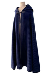 Fabulous Fall 1976 Yves Saint Laurent Striped Blue Wool Knee Length Cape w Hood & Tassel Detailing