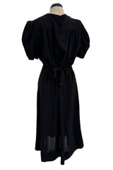 Gorgeous 1940s Unlabeled Black Crepe Dress w 3D Floral Detailed Bright Red Bow Appliques