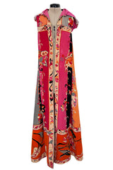 Documented Spring 1968 Emilio Pucci Pink Floral Screened Hooded Terrycloth Beach Cover Up or Dress