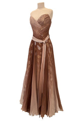 Dreamiest Fall 1989 Bob Mackie Runway Silk Chiffon w Metallic Leaf Print Underlay Strapless Dress
