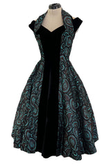 Spectacular 1940s Lilli Ann Teal & Brown Brodace & Velvet Dress w Looped Lame Detailing