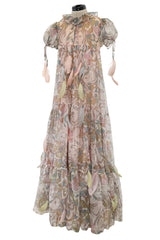 Phenomenal 1960s Gina Fratini Printed Tiered Baby Doll Maxi Dress w Poufed Cap Sleeves & Feather Details