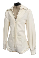 Fabulous Late 1970s Mini Ted by Ted Lapidus Ivory Playsuit w Front Zipper & Rhinestone Trim