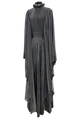 Spectacular 1970s Gina Fratini Metallic Deep Silver Lame Dress w Ruffle Collar & Angel Sleeves