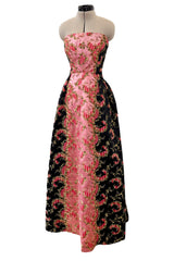 Dreamy 1960s Unlabeled Strapless Black Dress w Front Pink Panel & Floral Embroidery