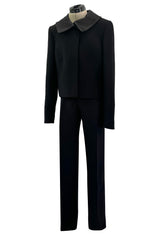 Minimalist Fall 2000 Gucci by Tom Ford Runway Look 3 Black Pant Suit w Leather Collar Detailing