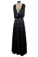 Spectacular 1990s Unlabeled Chanel by Karl Lagerfeld Black SIlk Dress w V Front & Logo Buttons